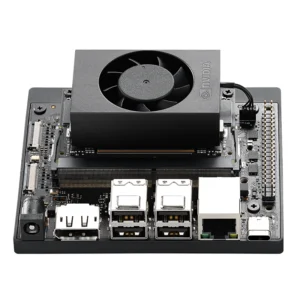 Front view of the NVIDIA Jetson Orin Nano Super Developer Kit showing USB ports, Ethernet, and cooling fan